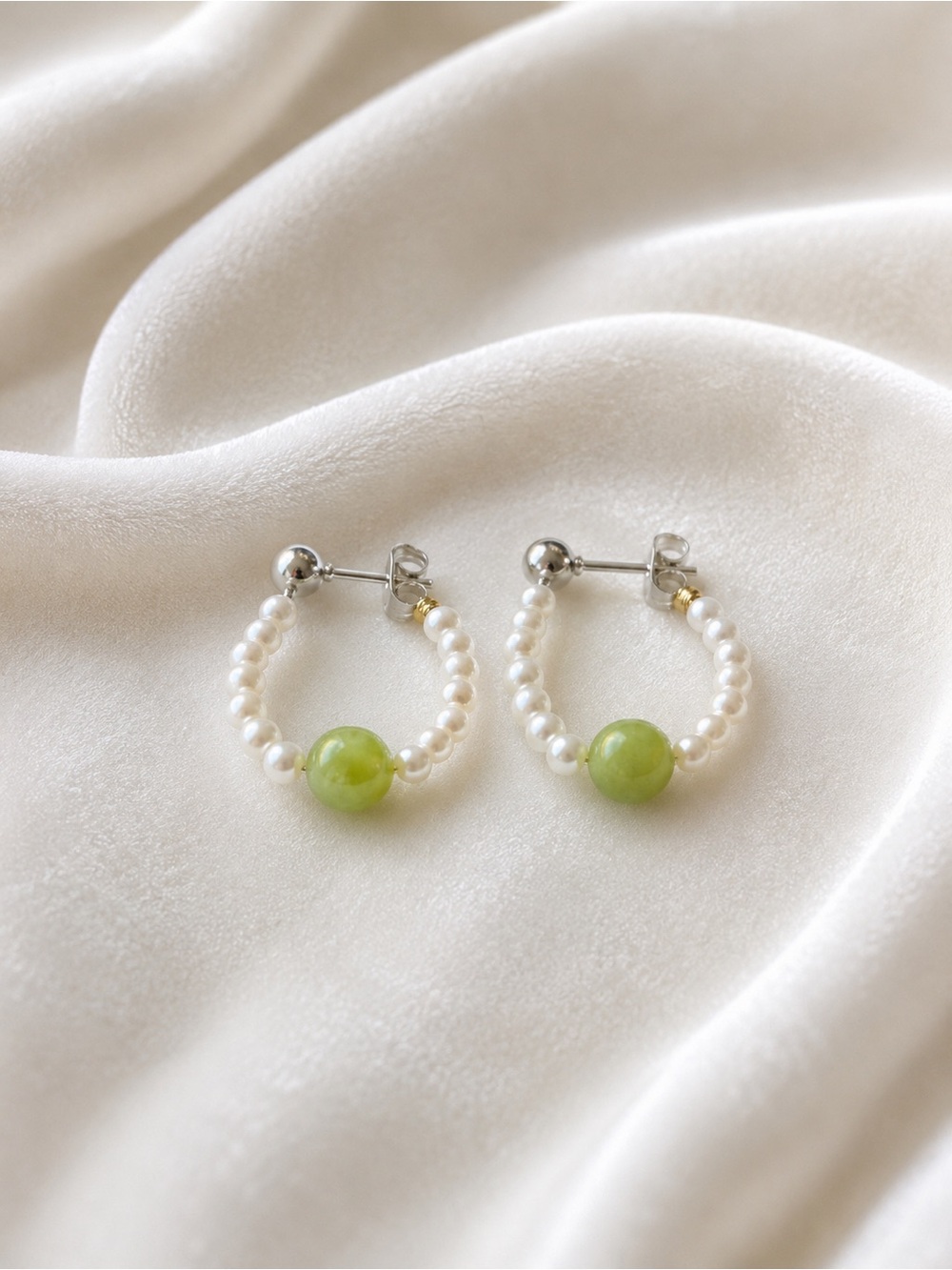 White Pearl Hoop Earrings with Green Bead